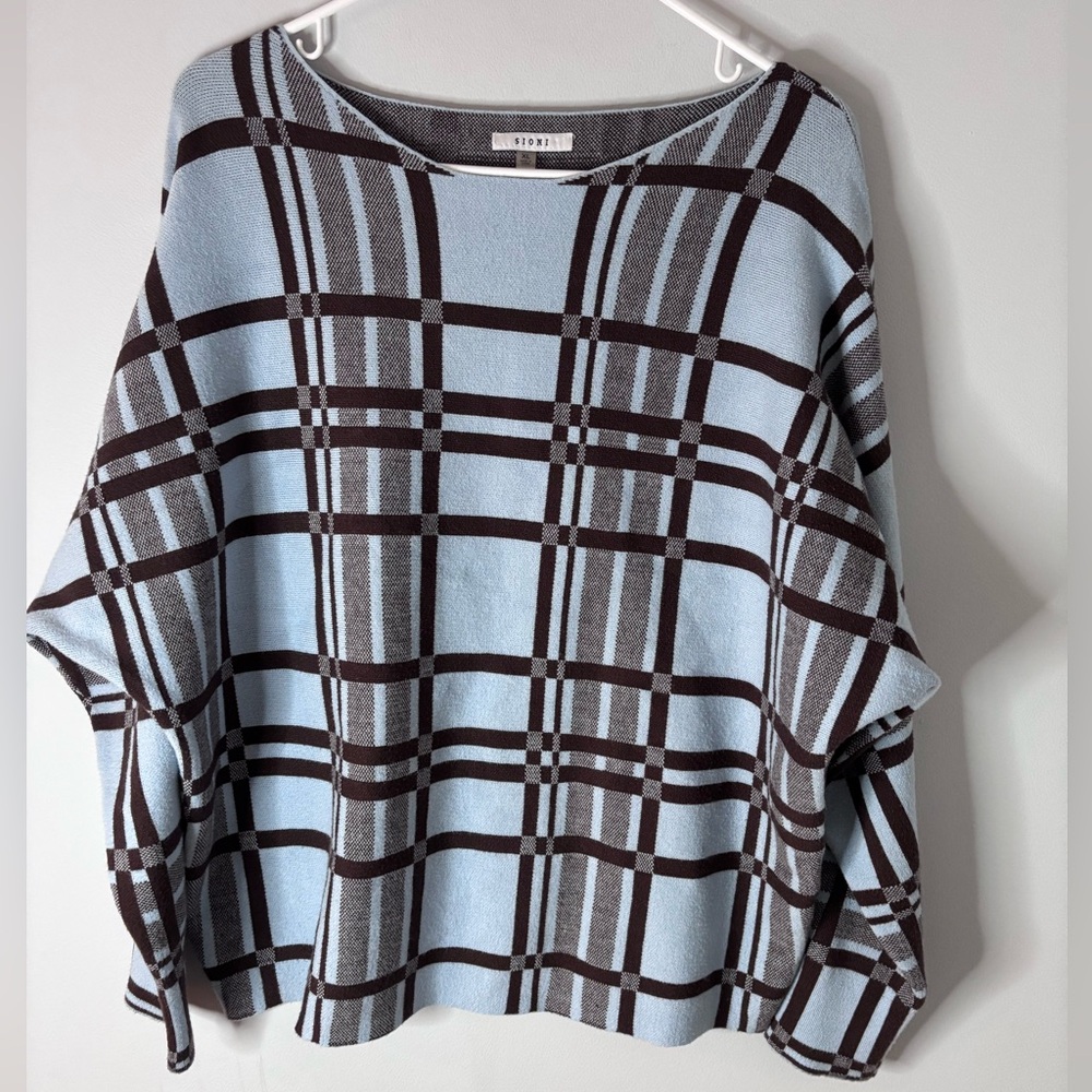 Sioni Light Blue and Brown Plaid Sweatshirt - Picture 2 of 5